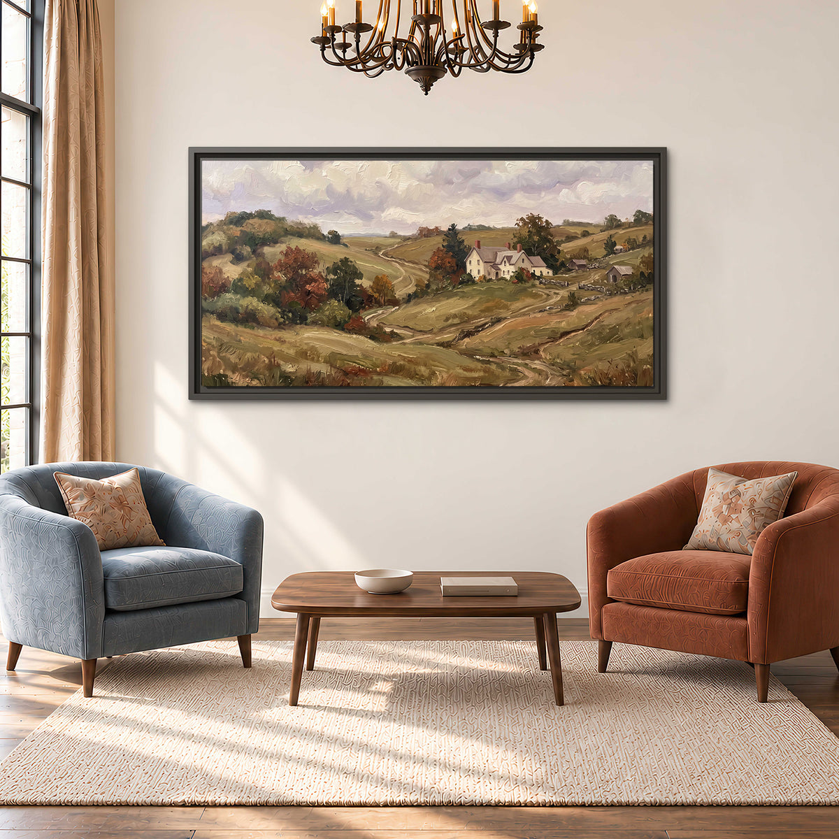 Warm rolling fields and countryside cottages beneath soft clouds single framed canvas wall art styled in an interior