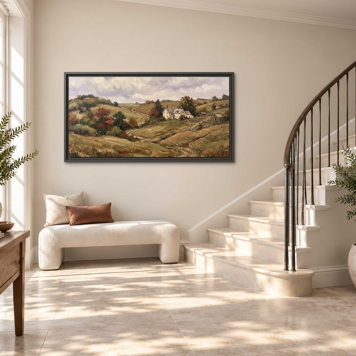 Warm rolling fields and countryside cottages beneath soft clouds single framed canvas wall art styled in an interior