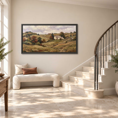 Warm rolling fields and countryside cottages beneath soft clouds single framed canvas wall art styled in an interior