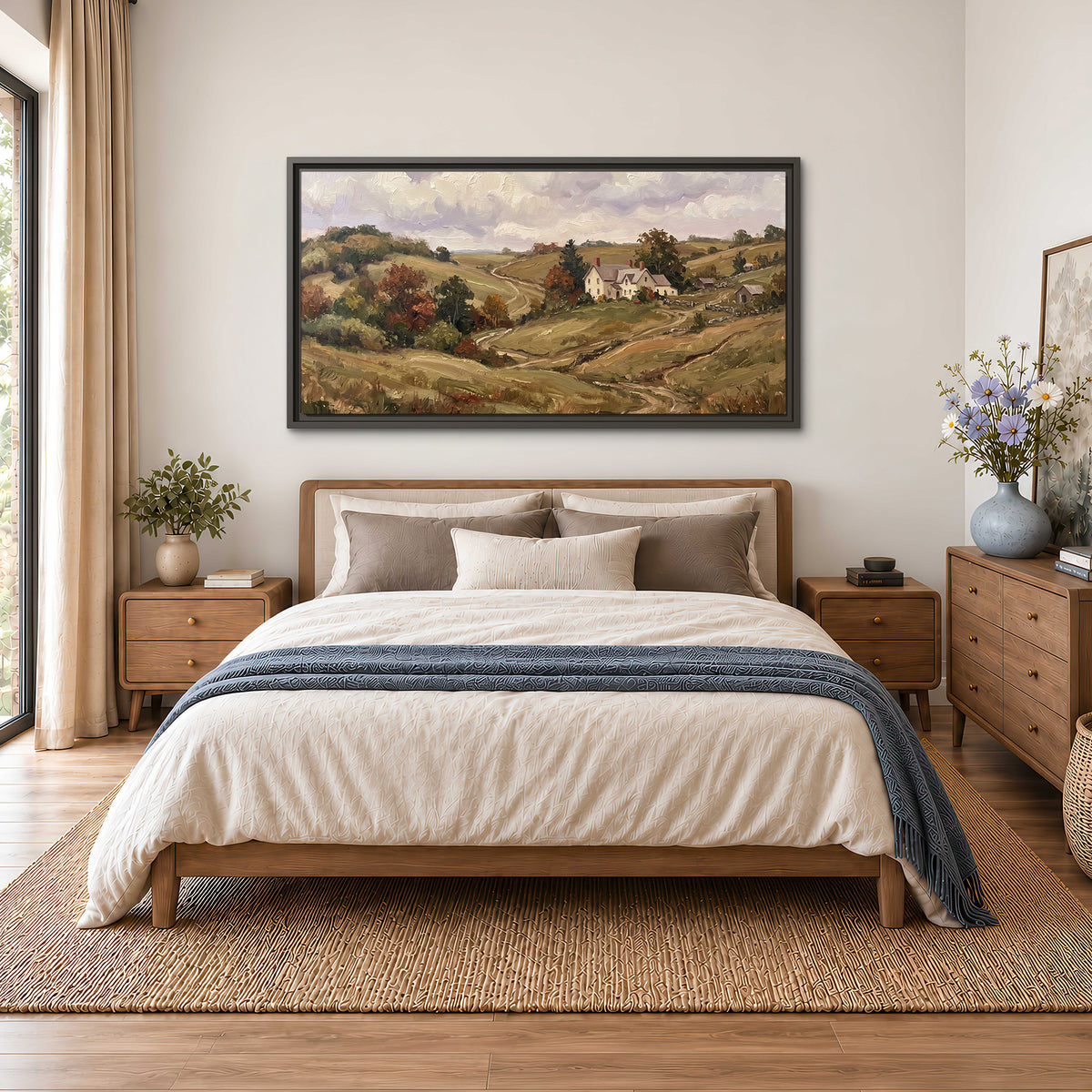 Warm rolling fields and countryside cottages beneath soft clouds single framed canvas wall art styled in an interior
