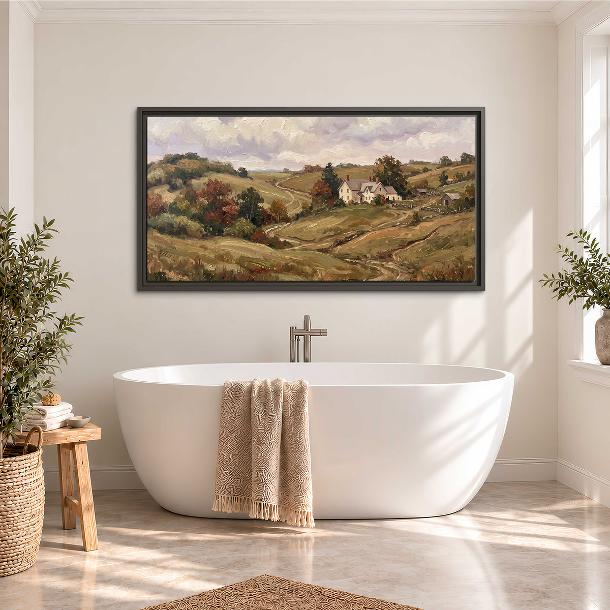 Warm rolling fields and countryside cottages beneath soft clouds single framed canvas wall art styled in an interior