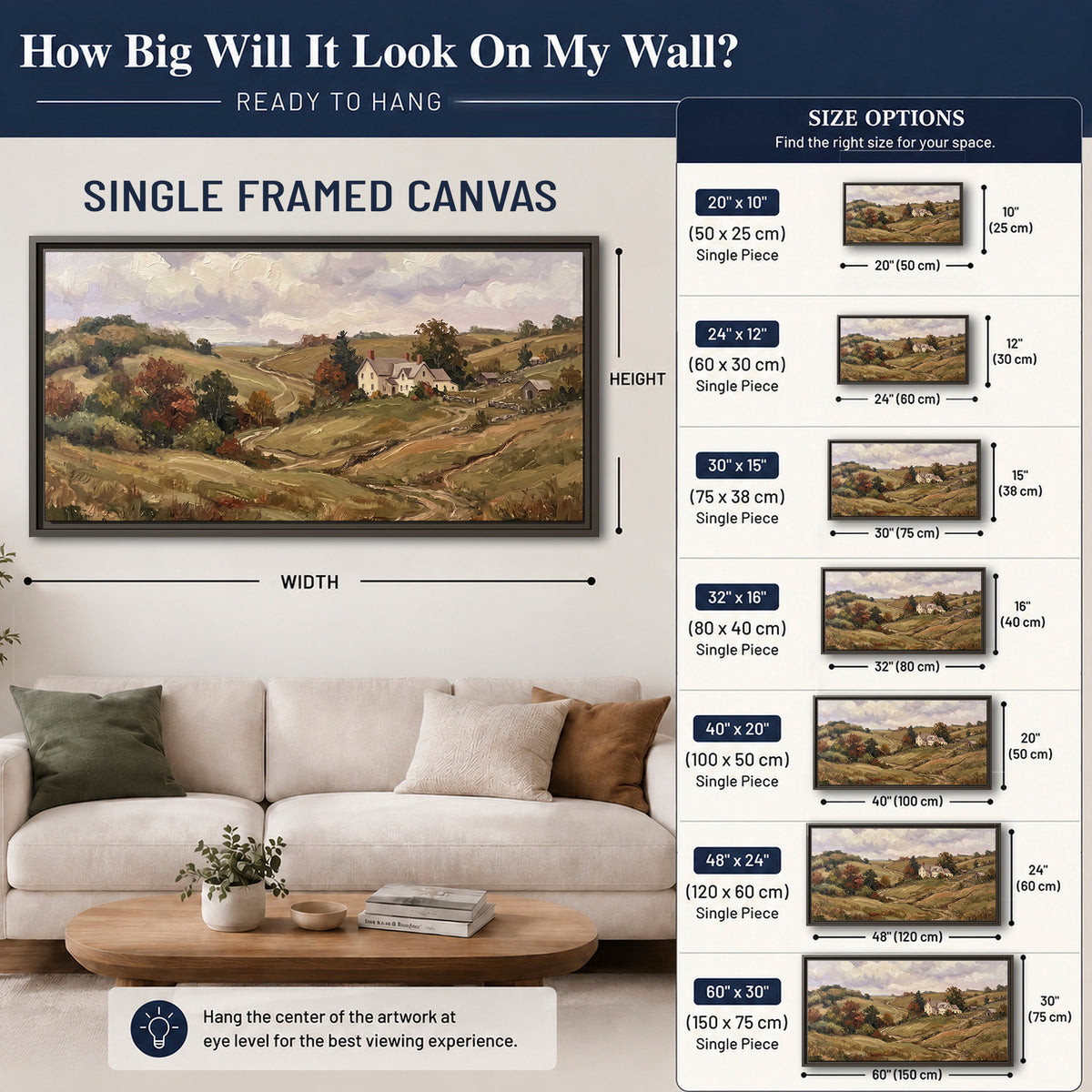 Warm rolling fields and countryside cottages beneath soft clouds single framed canvas wall art size guide above a sofa; room view is illustrative