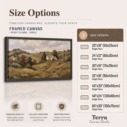 Warm rolling fields and countryside cottages beneath soft clouds single framed canvas wall art available dimensions