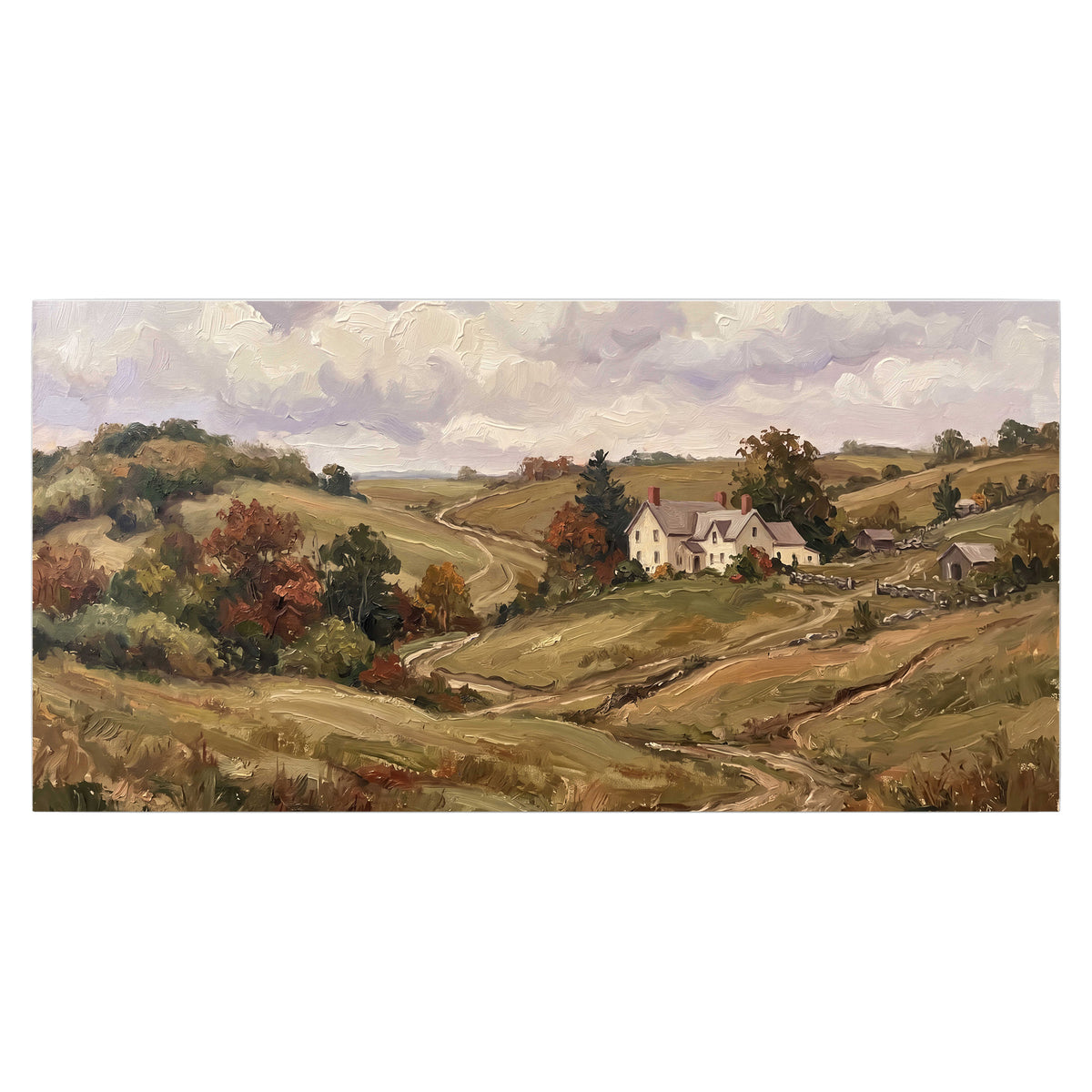 Warm rolling fields and countryside cottages beneath soft clouds single poster print viewed straight on