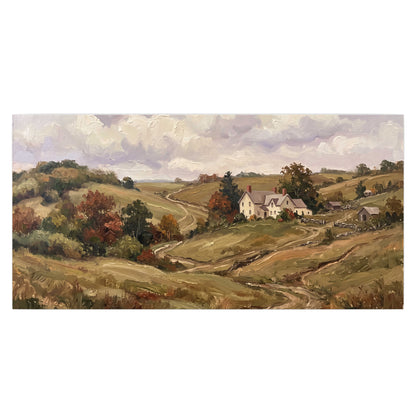 Warm rolling fields and countryside cottages beneath soft clouds single poster print viewed straight on