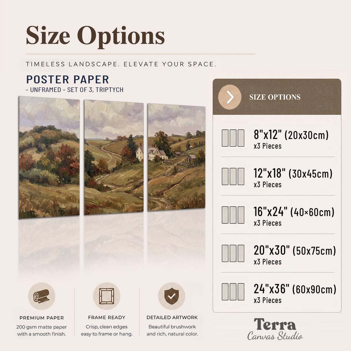 Warm rolling fields and countryside cottages beneath soft clouds set of 3 poster prints available dimensions; triptych dimensions are per panel