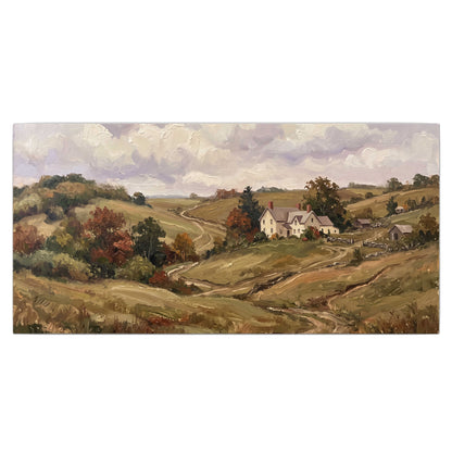 Warm rolling fields and countryside cottages beneath soft clouds single canvas wall art viewed straight on