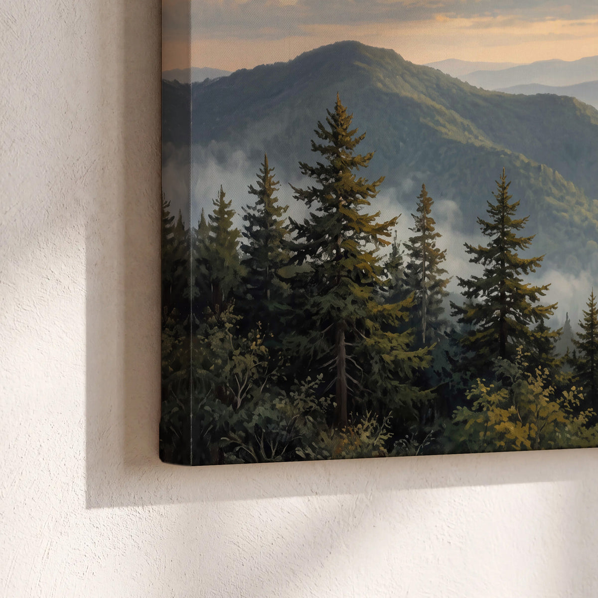 Blue-green mountain ridges and pines beneath a golden sunset 3 piece canvas wall art material and edge close up