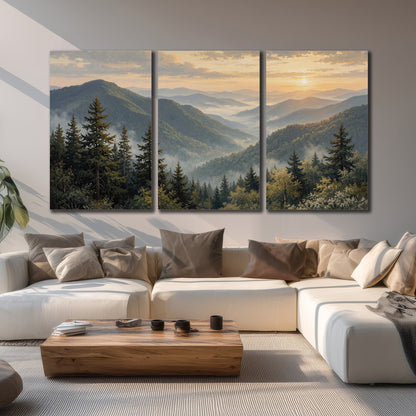 Blue-green mountain ridges and pines beneath a golden sunset 3 piece canvas wall art displayed in a living room