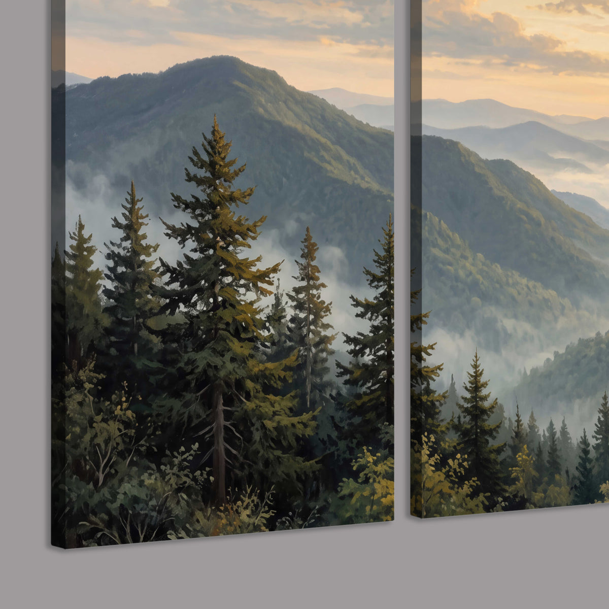 Blue-green mountain ridges and pines beneath a golden sunset 3 piece canvas wall art room and product view