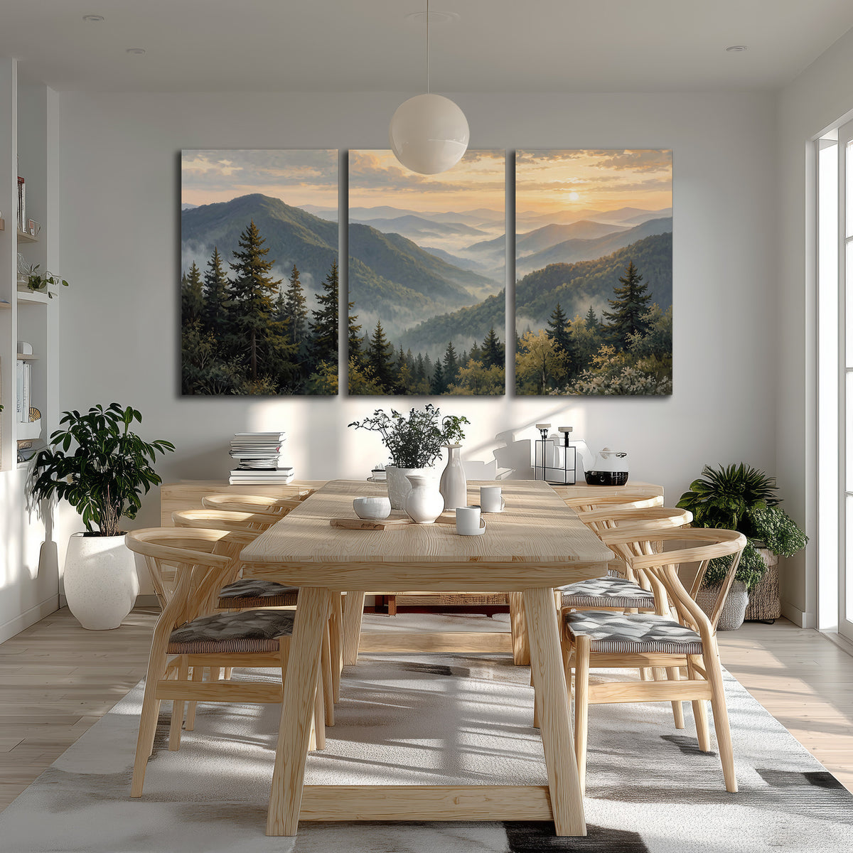 Blue-green mountain ridges and pines beneath a golden sunset 3 piece canvas wall art room and product view