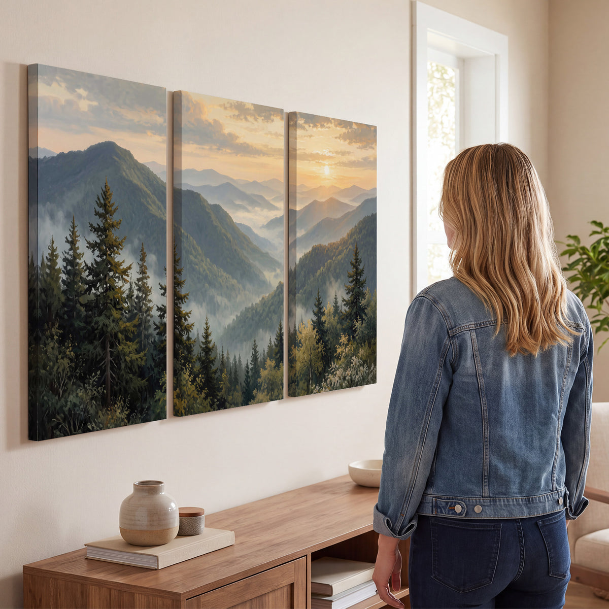 Blue-green mountain ridges and pines beneath a golden sunset 3 piece canvas wall art three panel arrangement on a wall