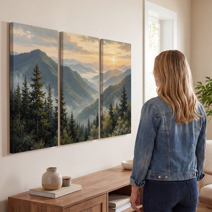 Blue-green mountain ridges and pines beneath a golden sunset 3 piece canvas wall art three panel arrangement on a wall