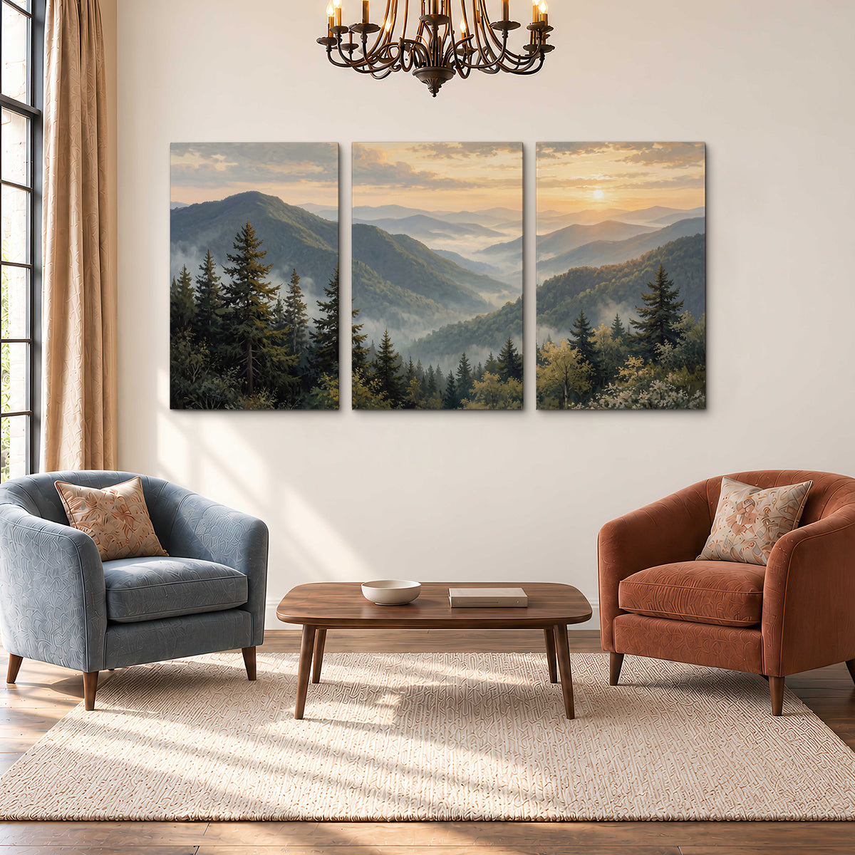 Blue-green mountain ridges and pines beneath a golden sunset 3 piece canvas wall art styled in an interior