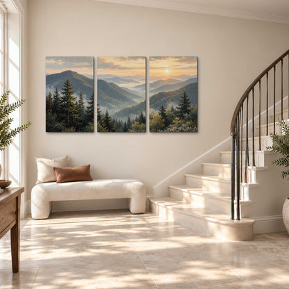 Blue-green mountain ridges and pines beneath a golden sunset 3 piece canvas wall art styled in an interior