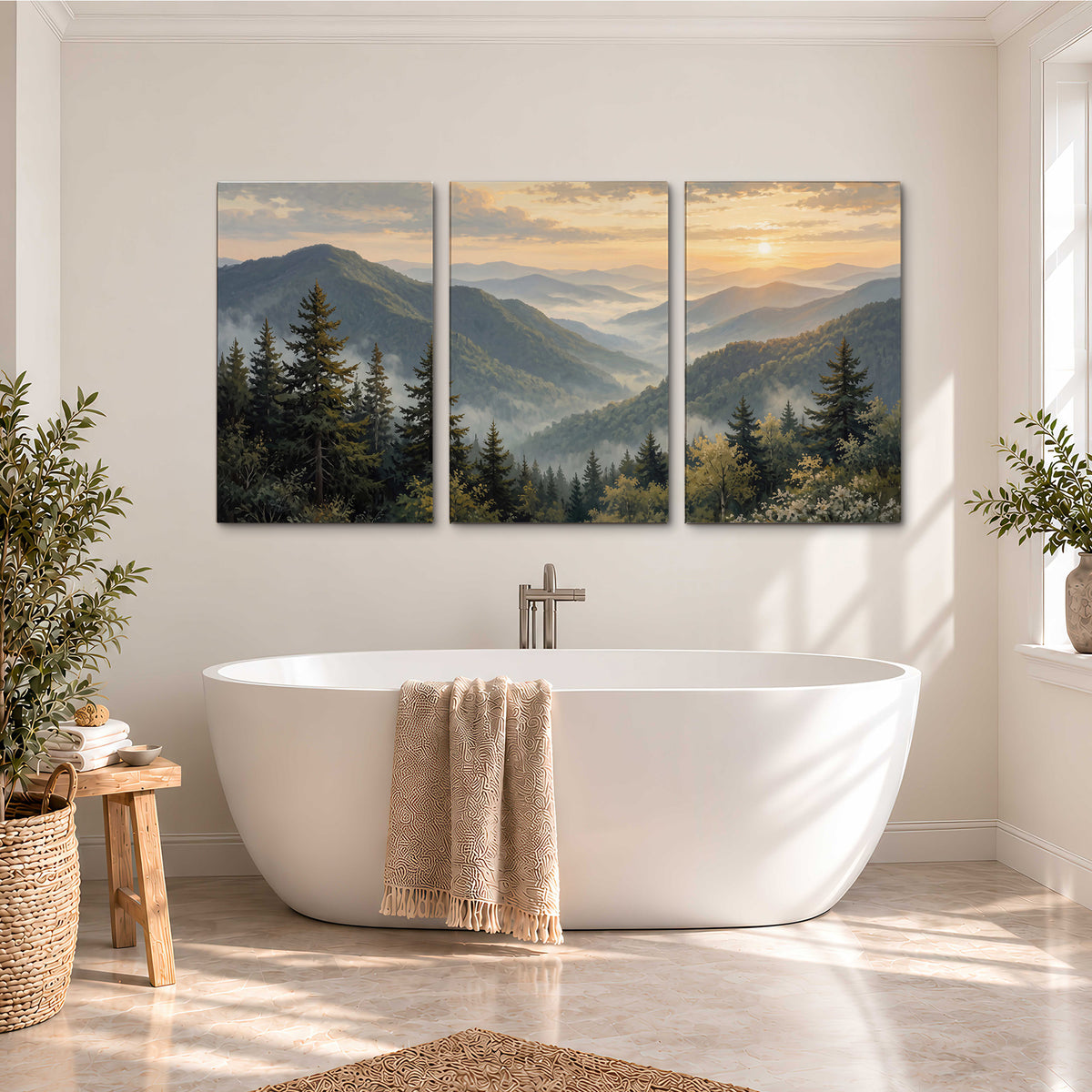 Blue-green mountain ridges and pines beneath a golden sunset 3 piece canvas wall art styled in an interior