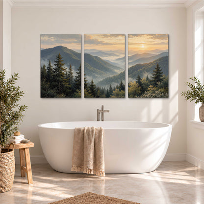 Blue-green mountain ridges and pines beneath a golden sunset 3 piece canvas wall art styled in an interior