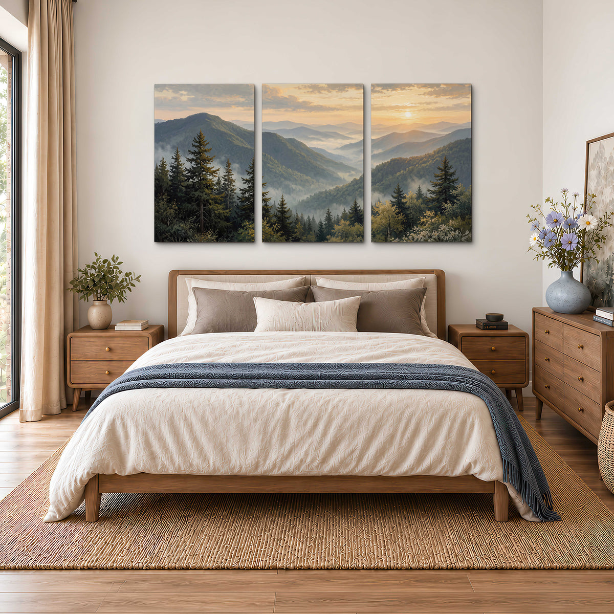 Blue-green mountain ridges and pines beneath a golden sunset 3 piece canvas wall art styled in an interior