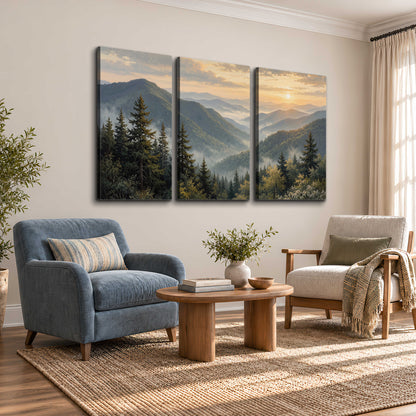 Blue-green mountain ridges and pines beneath a golden sunset 3 piece canvas wall art styled in an interior