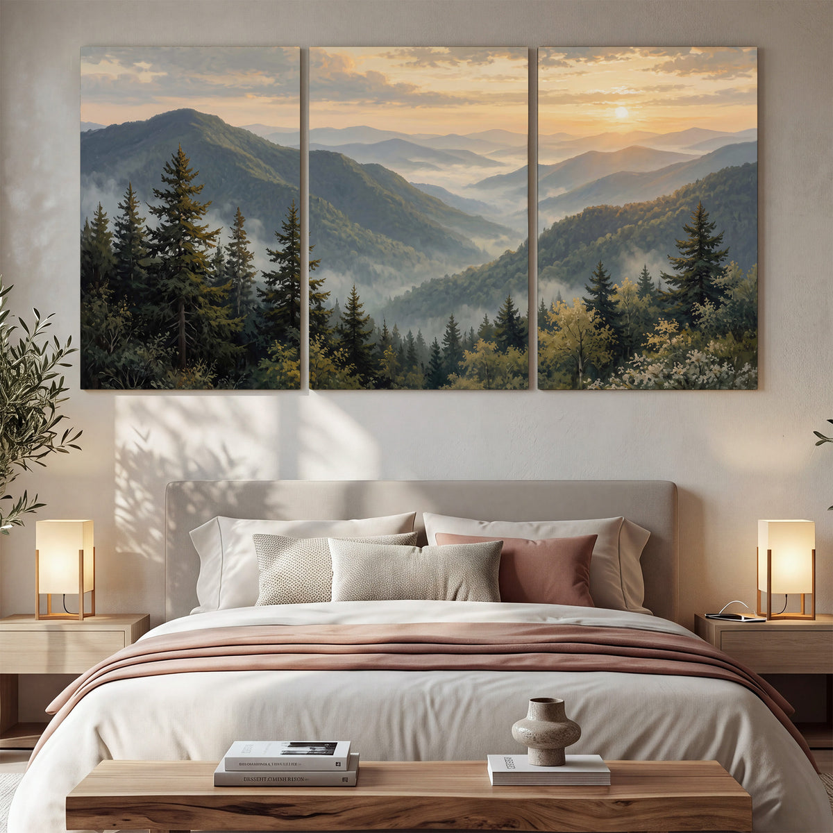 Blue-green mountain ridges and pines beneath a golden sunset 3 piece canvas wall art displayed in a bedroom