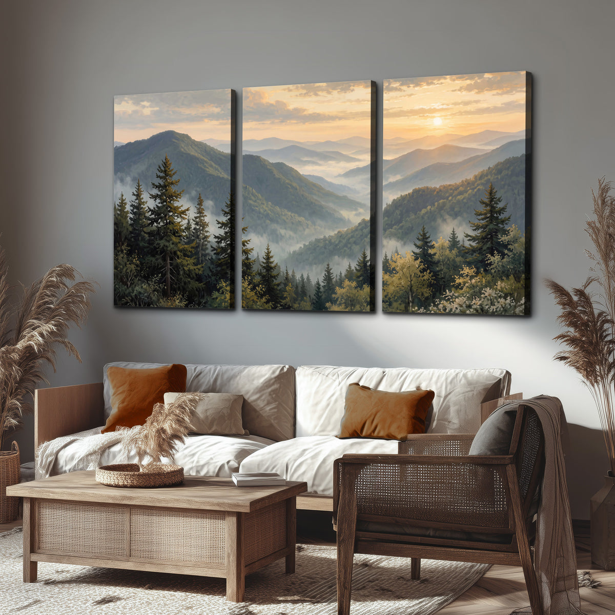 Blue-green mountain ridges and pines beneath a golden sunset 3 piece canvas wall art displayed in a rustic living room