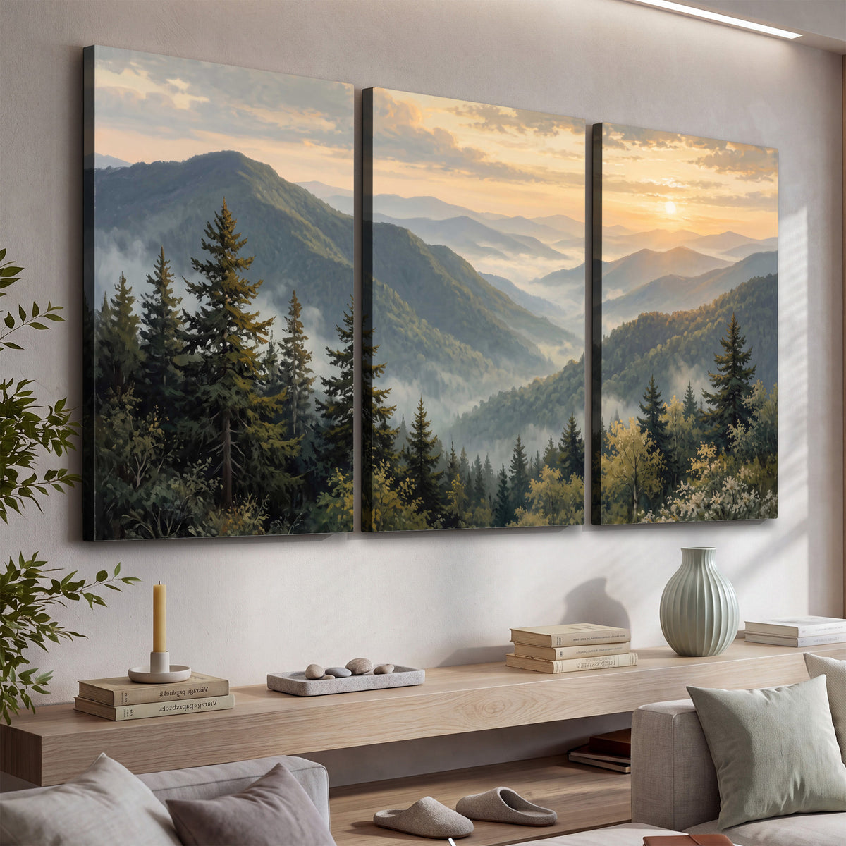 Blue-green mountain ridges and pines beneath a golden sunset 3 piece canvas wall art displayed in a console