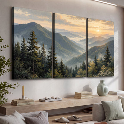 Blue-green mountain ridges and pines beneath a golden sunset 3 piece canvas wall art displayed in a console