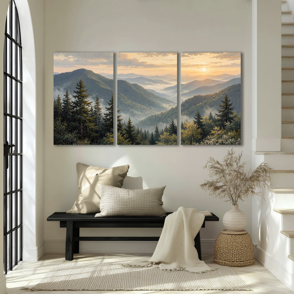 Blue-green mountain ridges and pines beneath a golden sunset 3 piece canvas wall art displayed in a entryway
