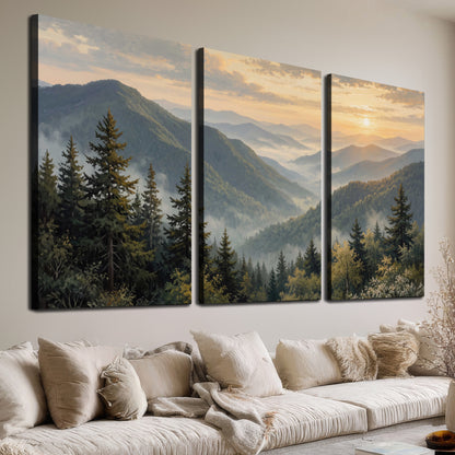 Blue-green mountain ridges and pines beneath a golden sunset 3 piece canvas wall art room and product view