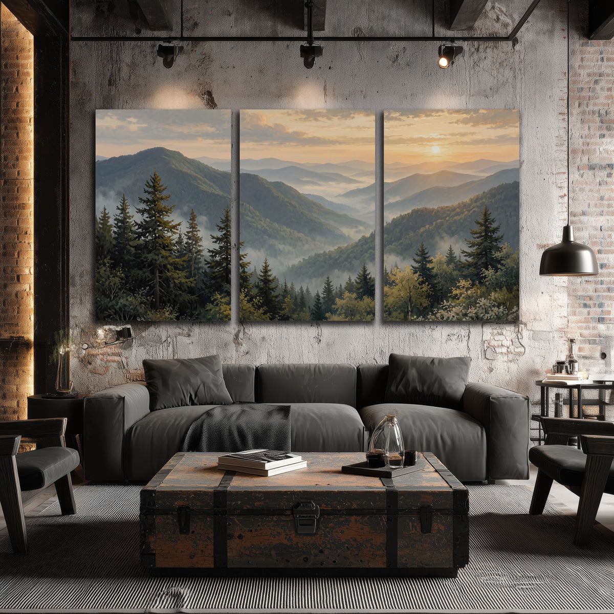 Blue-green mountain ridges and pines beneath a golden sunset 3 piece canvas wall art displayed in a industrial room