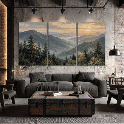Blue-green mountain ridges and pines beneath a golden sunset 3 piece canvas wall art displayed in a industrial room