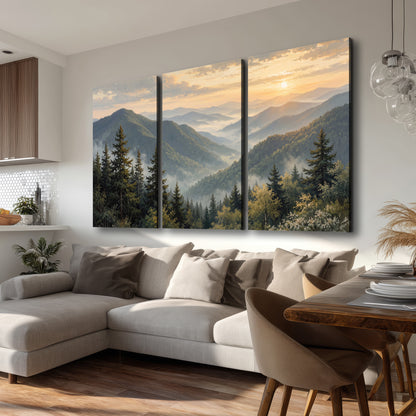 Blue-green mountain ridges and pines beneath a golden sunset 3 piece canvas wall art room and product view