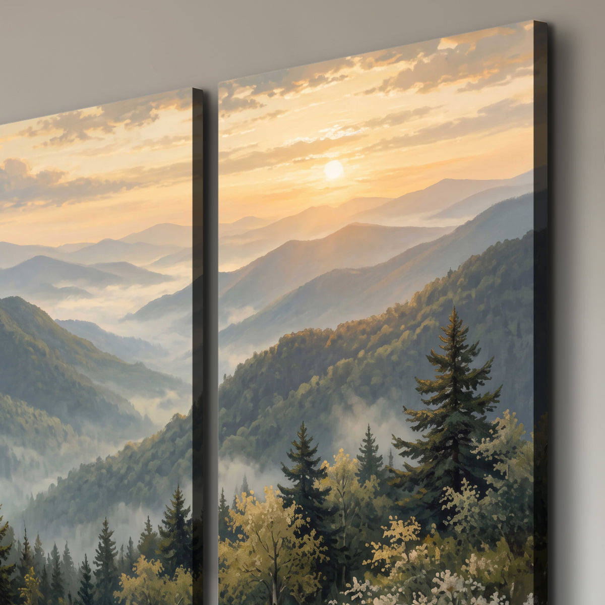 Blue-green mountain ridges and pines beneath a golden sunset 3 piece canvas wall art room and product view