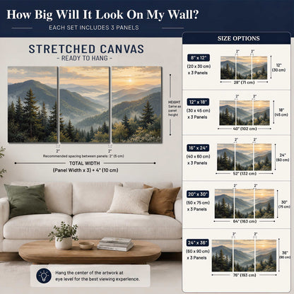 Blue-green mountain ridges and pines beneath a golden sunset 3 piece canvas wall art size guide above a sofa; room view is illustrative