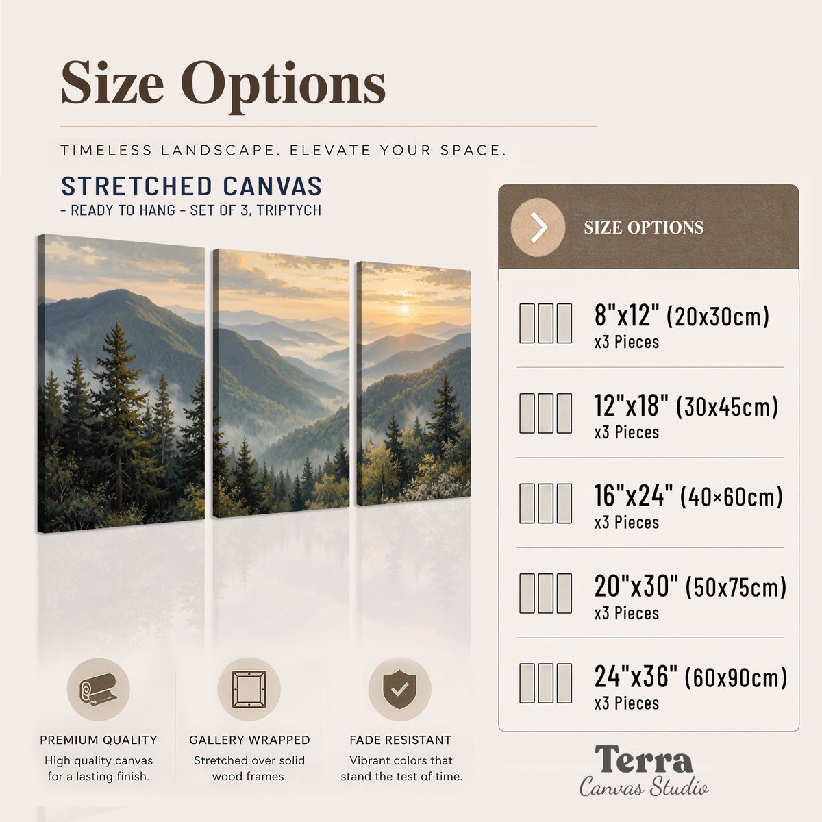 Blue-green mountain ridges and pines beneath a golden sunset 3 piece canvas wall art available dimensions; triptych dimensions are per panel