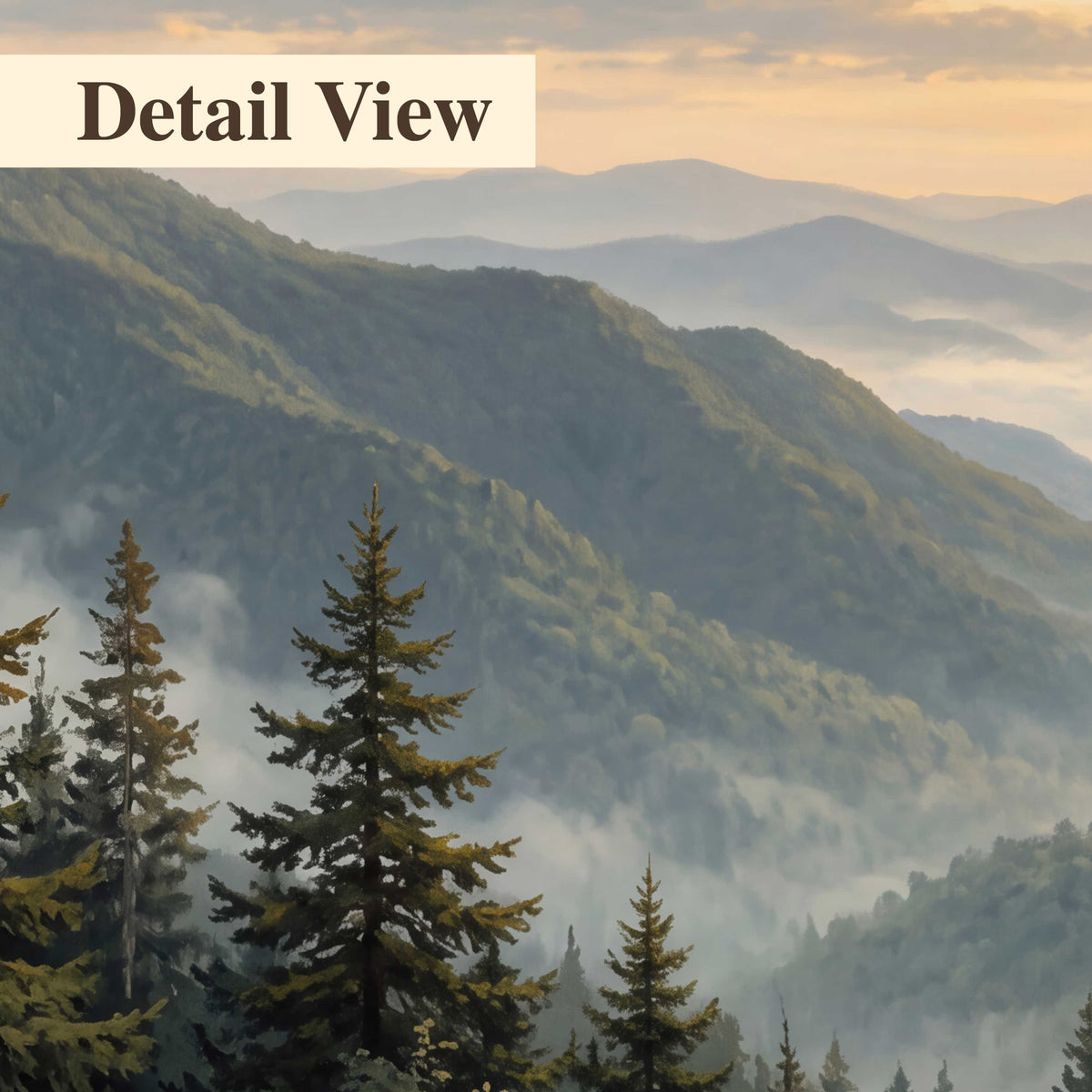 Blue-green mountain ridges and pines beneath a golden sunset 3 piece canvas wall art artwork detail close up