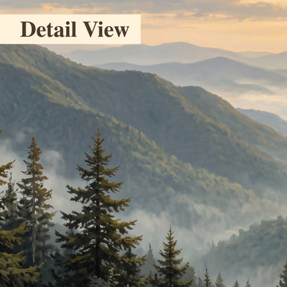 Blue-green mountain ridges and pines beneath a golden sunset 3 piece canvas wall art artwork detail close up