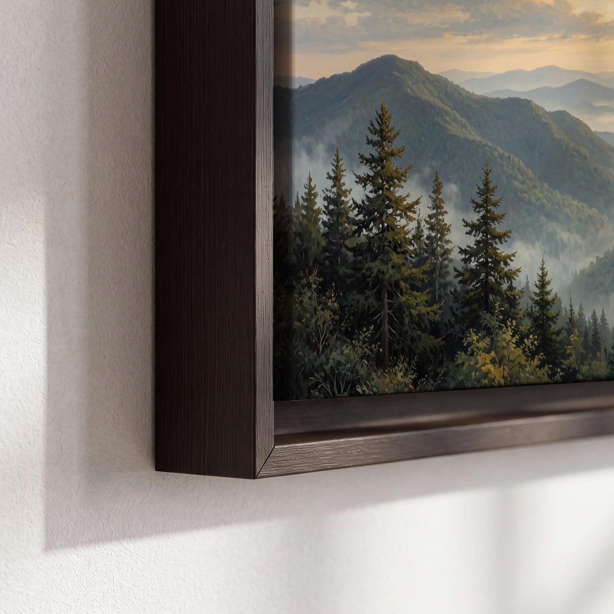 Blue-green mountain ridges and pines beneath a golden sunset 3 piece framed canvas wall art material and edge close up
