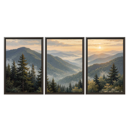 Blue-green mountain ridges and pines beneath a golden sunset 3 piece framed canvas wall art viewed straight on