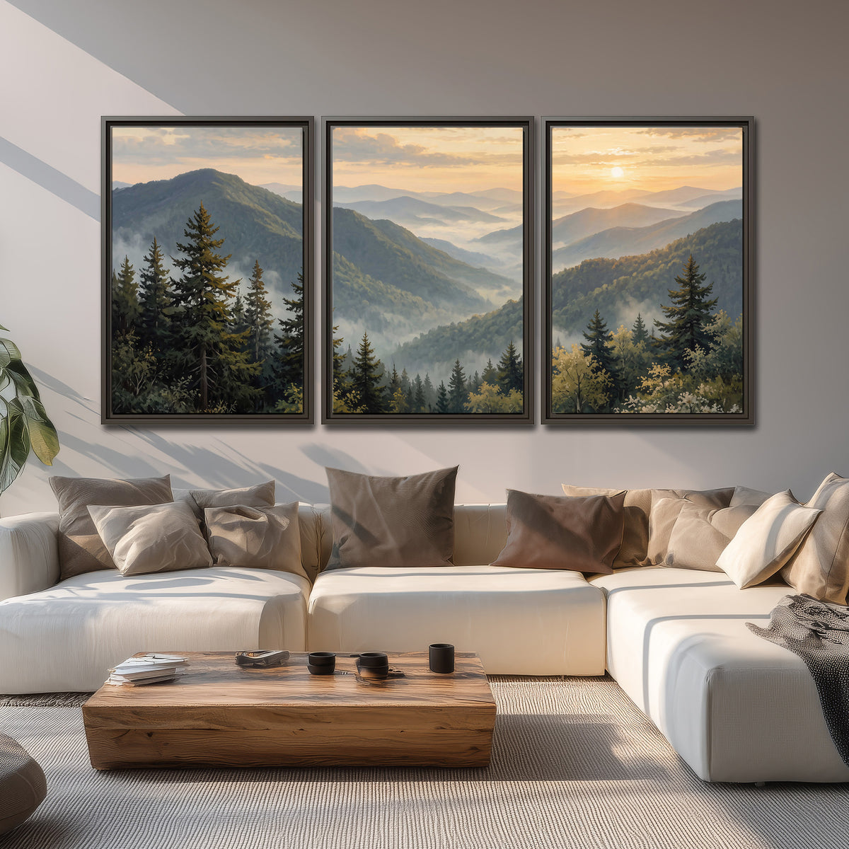 Blue-green mountain ridges and pines beneath a golden sunset 3 piece framed canvas wall art displayed in a living room