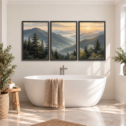 Blue-green mountain ridges and pines beneath a golden sunset 3 piece framed canvas wall art styled in an interior
