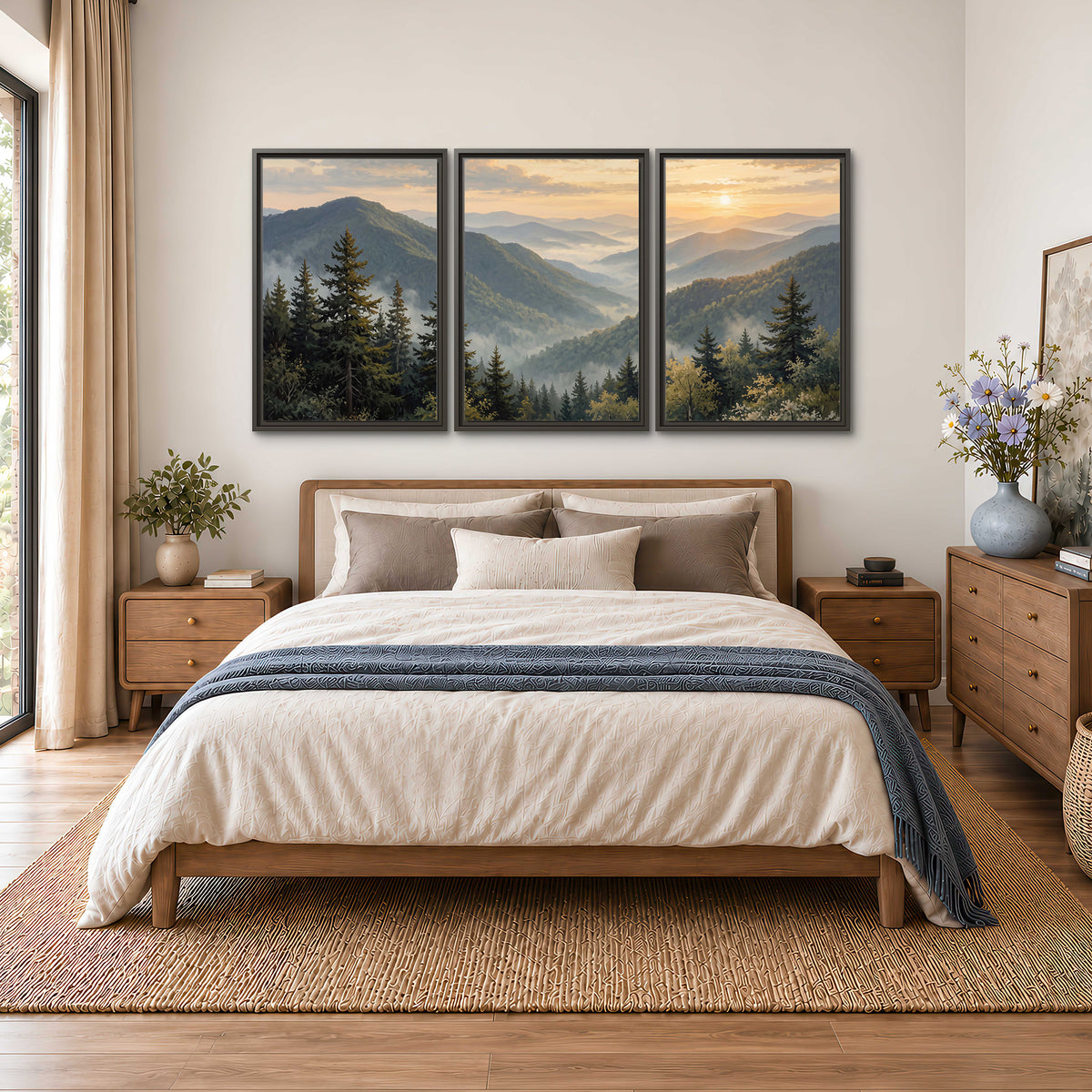 Blue-green mountain ridges and pines beneath a golden sunset 3 piece framed canvas wall art styled in an interior