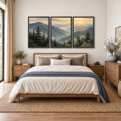 Blue-green mountain ridges and pines beneath a golden sunset 3 piece framed canvas wall art styled in an interior