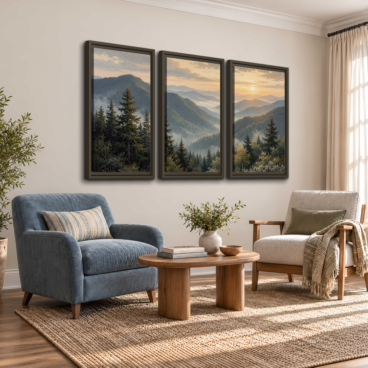 Blue-green mountain ridges and pines beneath a golden sunset 3 piece framed canvas wall art styled in an interior