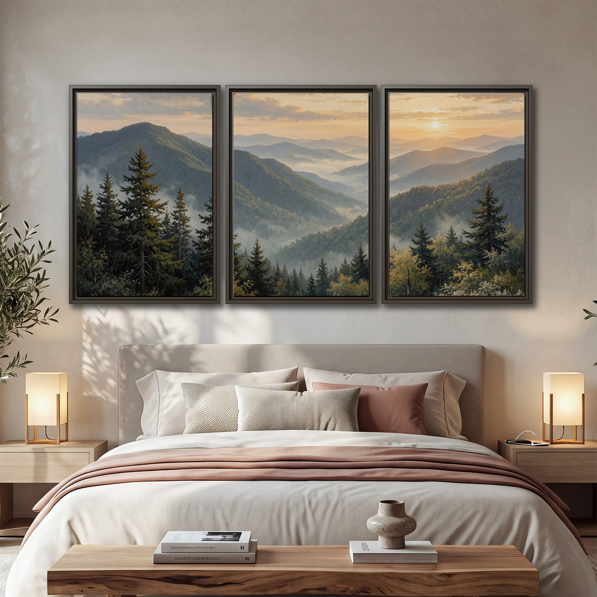 Blue-green mountain ridges and pines beneath a golden sunset 3 piece framed canvas wall art displayed in a bedroom