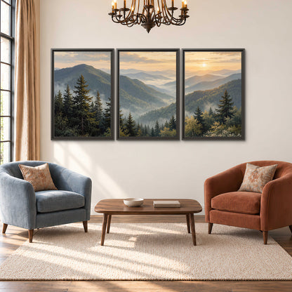 Blue-green mountain ridges and pines beneath a golden sunset 3 piece framed canvas wall art styled in an interior