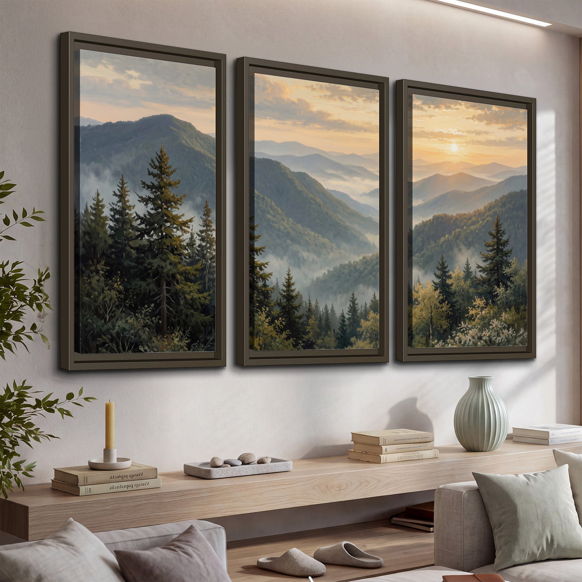 Blue-green mountain ridges and pines beneath a golden sunset 3 piece framed canvas wall art displayed in a console