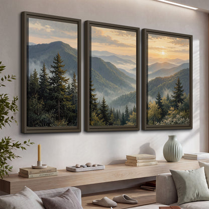 Blue-green mountain ridges and pines beneath a golden sunset 3 piece framed canvas wall art displayed in a console