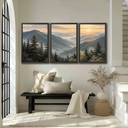 Blue-green mountain ridges and pines beneath a golden sunset 3 piece framed canvas wall art displayed in a entryway
