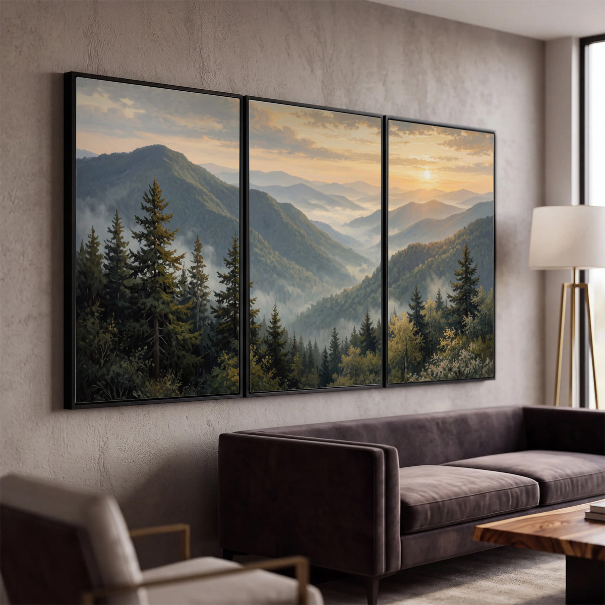Blue-green mountain ridges and pines beneath a golden sunset 3 piece framed canvas wall art displayed in a modern living room